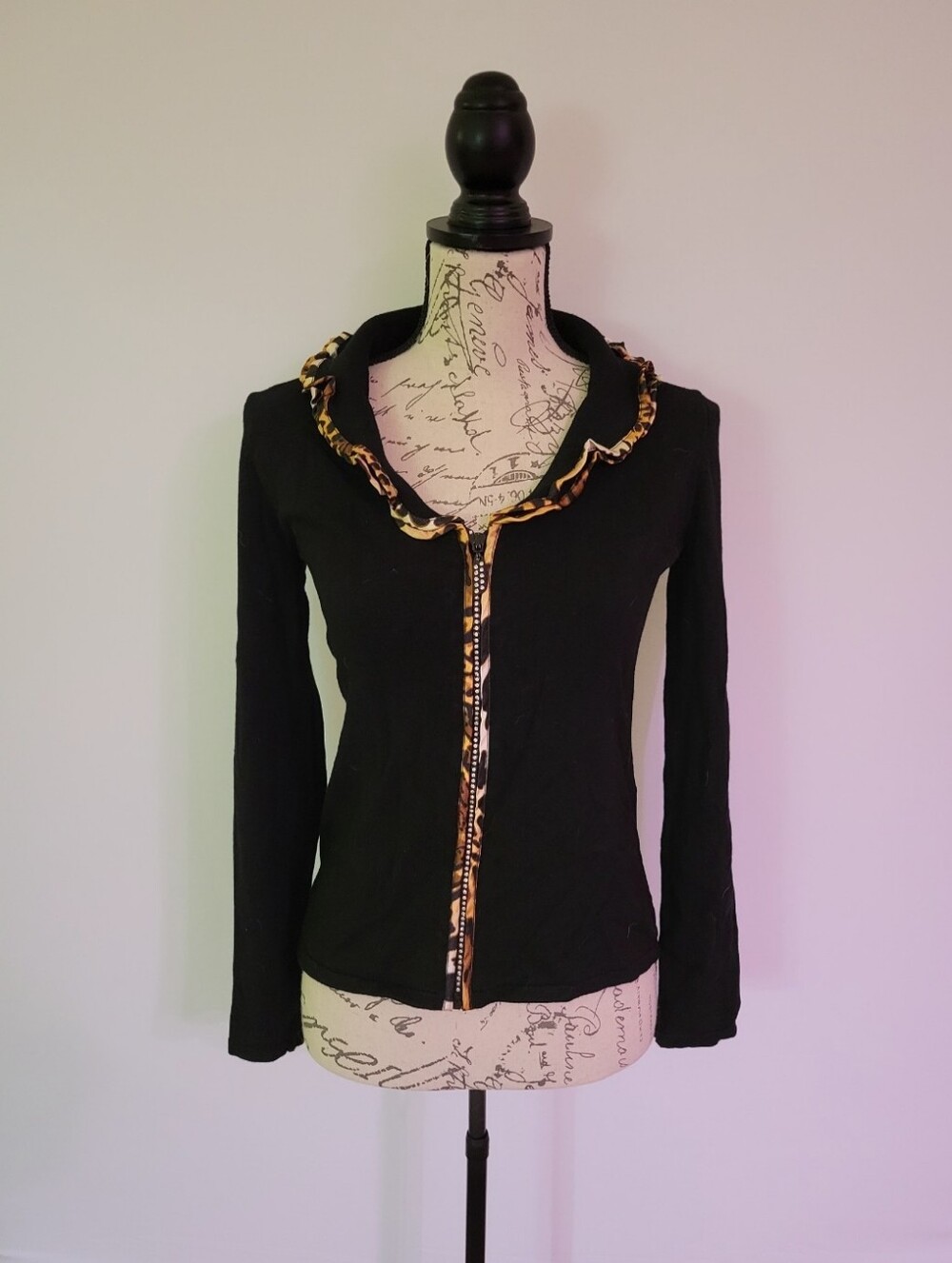 Belldini Black Zip-Front Cardigan with Leopard Trim